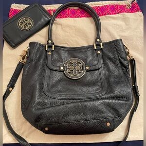 EUC Tory Burch bag & wallet Set black pebble soft leather gold hardware